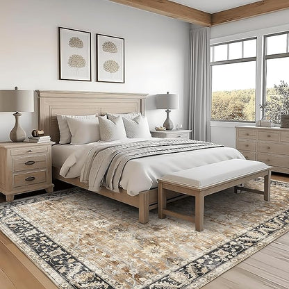 ReaLife Rugs Machine Washable Area Rug - Living Room Bedroom Bathroom Kitchen Entryway Office - Padded Low Pile Stain Resistant Premium - Boho Farmhouse Vintage - BEV - Beige Tan Brown 5' x 7'