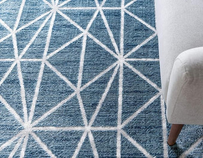 Rugs.com Lattice Trellis Collection Rug – 8 Ft Round Blue Low-Pile Rug Perfect for Kitchens, Dining Rooms