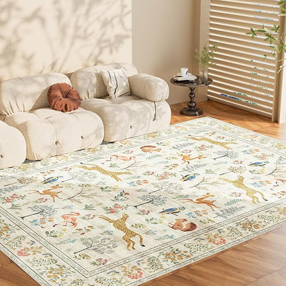 DUKINO 8x10 Rug, Washable Animal Living Room Rug with Non Slip Vintage Design, Soft Low Pile Large Carpet for Bedroom, Nursery, Dining Room, Farmhouse, Playroom, White