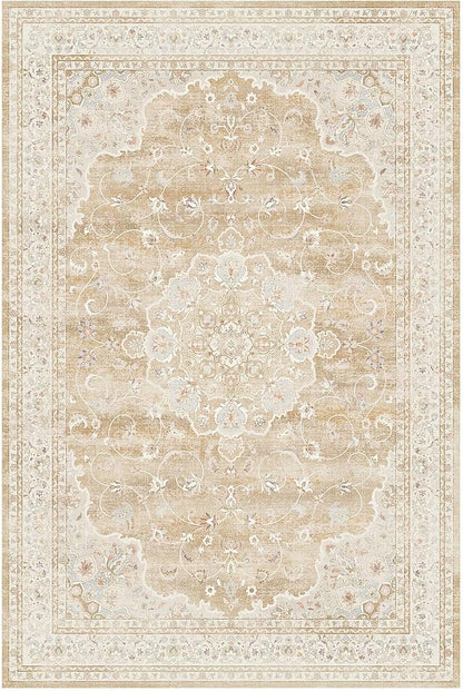 HUGEAR Machine Washable Area Rugs 6x9 Vintage Beige Brown Living Room Bedroom Rug Neutral Style Non Slip Stain Resistant Low Pile Throw Carpet for Home Retro Aesthetic Modern Decor