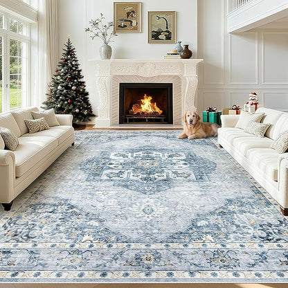 8x10 Area Rugs Washable Rugs for Living Room, Large Vintage Boho Rug Non-Slip Soft Floral Distressed Rug Low Pile Stain Resistant Carpet for Bedroom Nursery Office Dining Room Farmhouse(Blue, 8'x10')