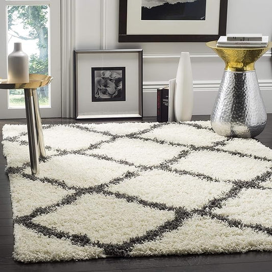 SAFAVIEH Dallas Shag Collection Area Rug - 4' Square, Ivory & Dark Grey, Trellis Design, Non-Shedding & Easy Care, 1.5-inch Thick Ideal for High Traffic Areas in Living Room, Bedroom (SGD257H)