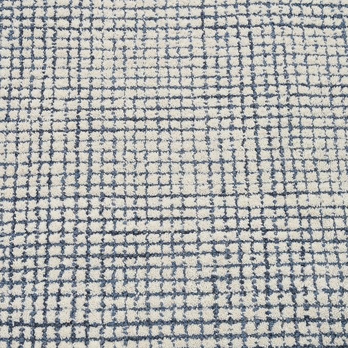 Hand-Tufted 100% Wool Pile Area Rug – Geometric Textured Grid Check Pattern – Thick and Durable Floor Carpet for Bedroom, Living Room, Kids Room, and Dining Area (Indigo Blue, 7' x 7')