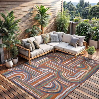 CAMILSON Indoor Outdoor Rug, Orange 8x10 Geometric Arch Striped Area Rugs for Patio and Home Areas, Easy-Cleaning Non-Shedding Living Room, Garden and Deck Washable Outside Carpet (8 x 10)