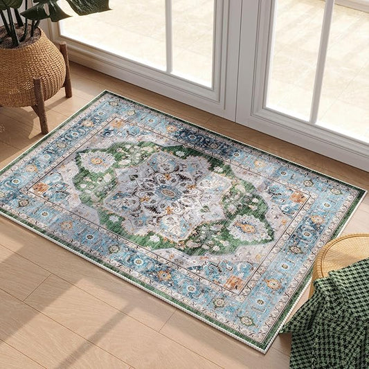 Rugcomf Vintage Medallion Rugs for Entryway 2'x3' - Door Mat Indoor Entrance, Machine Washable Area Rug, Non-Slip Low Pile Boho Carpet for Kitchen, Front Door, Bedroom, Kids Room - Green