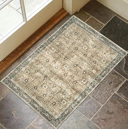 ReaLife Rugs Machine Washable Area Rug - Living Room Bedroom Bathroom Kitchen Entryway Office - Padded Crease Free Stain Resistant Premium - Boho Farmhouse Vintage- Dua- Brown Beige - 2'x 3'