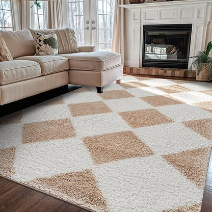 Rugshop Diamond Wave Shag Area Rug Beige 5' x 7' Great for Bedrooms, Living Rooms, or Under Coffee Tables