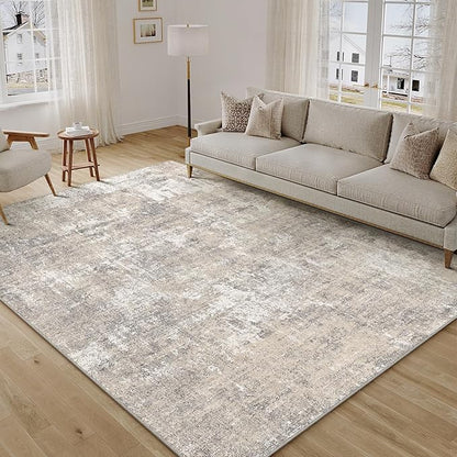 Machine Washable Area Rug 9x12 Beige Gray Large Living Room Indoor Accent Rug Neutral Modern Abstract Low Pile Carpet Non Slip Distressed Throw Rug Bedroom Office Dining Room