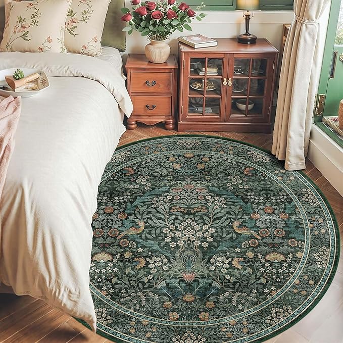 6ft Round Area Rugs for Living Room, Washable Floral Circle Rug Non Slip Low Pile, Vintage Boho Botanical Birds Throw Carpet for Farmhouse, Bedroom, Dining Room, Retro Green/Blue