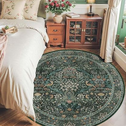 6ft Round Area Rugs for Living Room, Washable Floral Circle Rug Non Slip Low Pile, Vintage Boho Botanical Birds Throw Carpet for Farmhouse, Bedroom, Dining Room, Retro Green/Blue