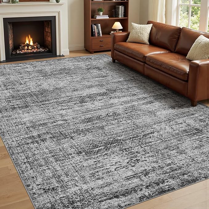 7x9 Area Rug Living Room Rugs - Washable Neutral Modern Abstract Soft Thin Rug Indoor Floor No Slip Rug Carpet for Bedroom Under Dining Table Home Office Decor - Dark Gray