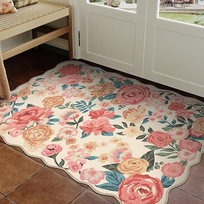 Washable Floral Area Rug 2x3 Beige Small Entryway Carpet Scalloped Flower Non Slip Soft Entrance Door Mat Farmhouse Low Pile Indoor Thin Floor Cover for Bathroom Kitchen Bedroom Laundry Room