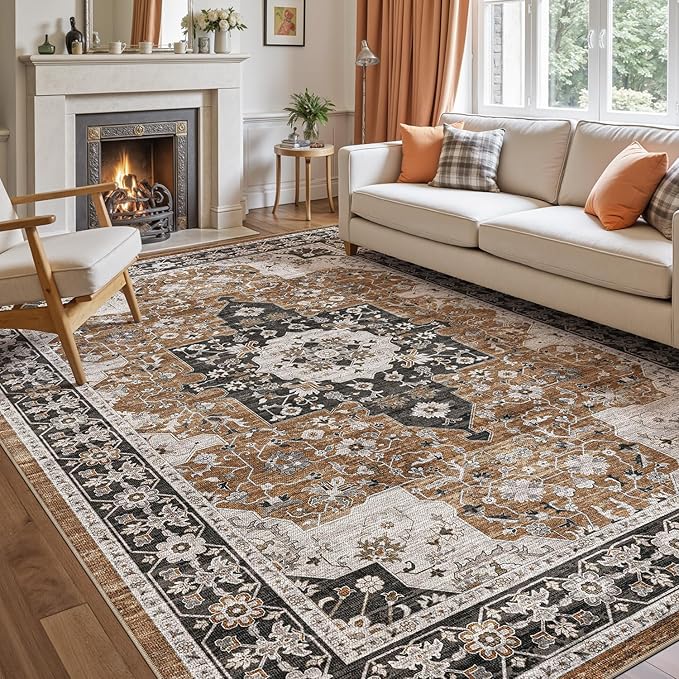 DEXI 4x6 Area Rug for Living Room, Washable Vintage Farmhouse Thin Rug Indoor Floor, Non Slip Stain Resistant Low Pile Carpet for Dining Room Bedroom Office, Brown