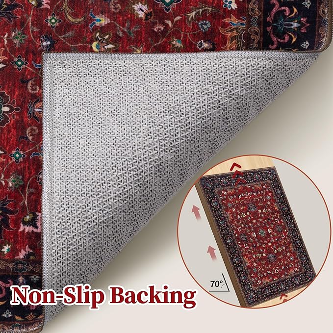 Tangsoo 5x7 Washable Rug, Floral Vintage Large Area Rugs for Living Room, Indoor Non Slip Print Floor Carpet, Soft Low Pile Machine Washable Rug for Bedroom Dining Room Dorm Home Decor Red