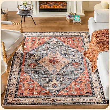 Istana 4x6 Rug - Red & Teal Area Rugs 4x6 - Kid & Pet Friendly Machine Washable Rugs - 4 x 6 Area Rug Non Slip & Non Shedding Area Rug - Foldable Rug for Room for Bedroom