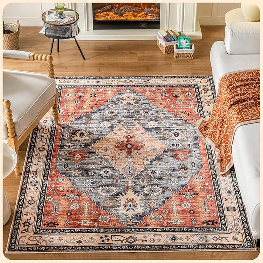 Istana 4x6 Rug - Red & Teal Area Rugs 4x6 - Kid & Pet Friendly Machine Washable Rugs - 4 x 6 Area Rug Non Slip & Non Shedding Area Rug - Foldable Rug for Room for Bedroom