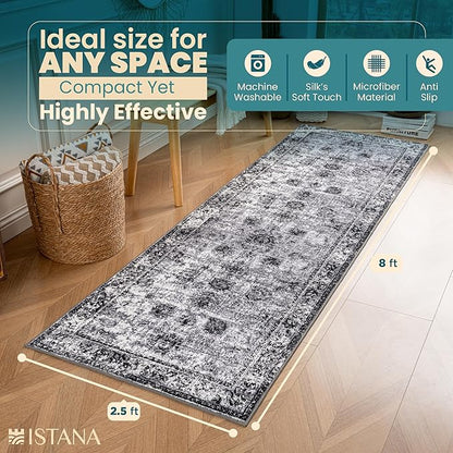 Istana Hallway Runner Rug 2.5x8 - Dark Grey Kitchen Rugs Non Slip Washable -Silk's Soft Touch Carpet Runner - Stylish Rugs for Home