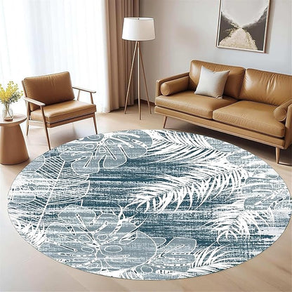 Washable Round Rug 4ft - Blue Tropical Botanical Pattern, Non-Slip Low Pile No Shedding Carpet, Soft Flannel Feel Rug for Living Room, Bedroom, Bathroom，Indoor Use