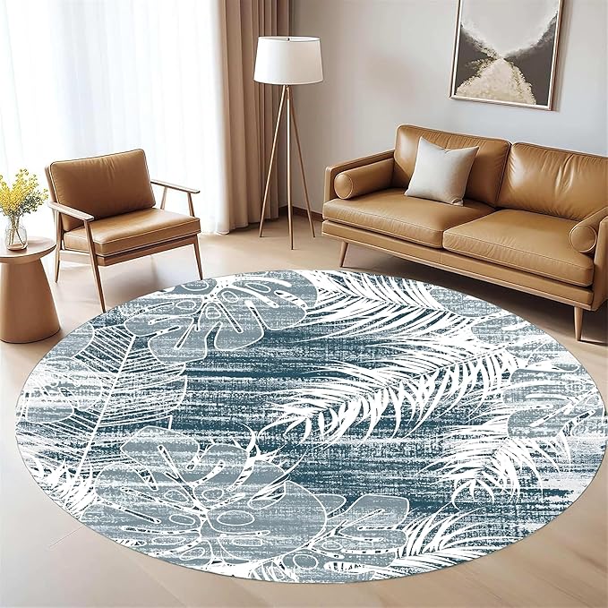 Washable Round Rug 5ft - Blue Tropical Botanical Pattern, Non-Slip Low Pile No Shedding Carpet, Soft Flannel Feel Rug for Living Room, Bedroom, Bathroom，Indoor Use