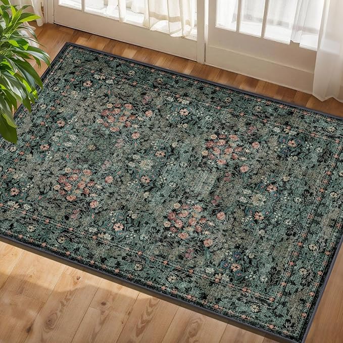 Boho Floral Washable Entry Small Rug, 2x3 Dark Green Distressed Kitchen Throw Rug - Soft Cottagecore Botanical Floor Mat for Bathroom, Laundry, Front Door, Indoor Entrance with Low Pile, Non Slip