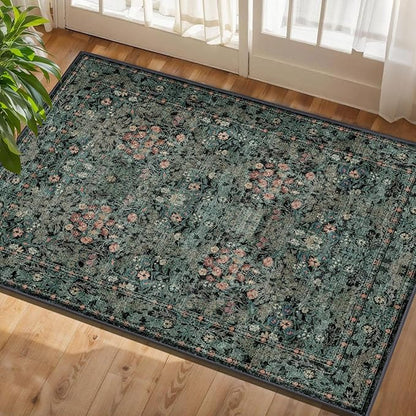 Boho Floral Washable Entry Small Rug, 2x3 Dark Green Distressed Kitchen Throw Rug - Soft Cottagecore Botanical Floor Mat for Bathroom, Laundry, Front Door, Indoor Entrance with Low Pile, Non Slip