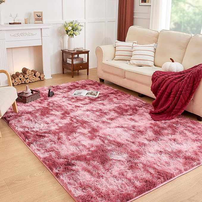 Andency 6x9 Area Rugs, Large Shag Fluffy Soft Shaggy Rugs for Living Room Bedroom, Non-Slip Tie-Dyed Dark Red Thick Plush Carpet for Kids Girls and Boys, Dorm Nursery Home Decor Aesthetic
