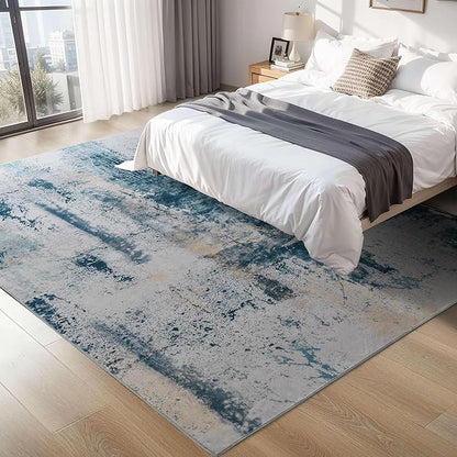 Living Room Rug 7x10 Aqua Blue Area Rugs Machine Washable Abstract Boho Large Rug Non-Slip Non-Shedding Faux Wool Indoor Vintage Carpet for Bedroom, Classroom, Dining Room, Kids Playroom