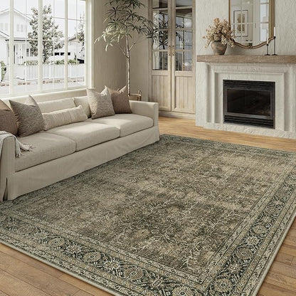 Light Brown Area Rug 6x9 Vintage Washable Indoor Door Mat Living Room Carpet Tribal Distressed Retro Accent Throw Rug for Office Dining Room Bathroom Faux Wool