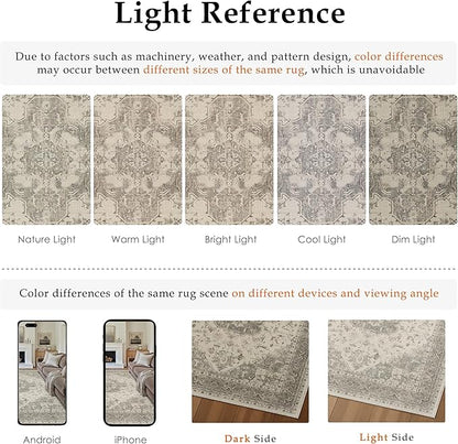 8x10 Washable Area Rug Beige Grey Vintage Distressed Large Rug for Living Room Oriental Soft Thin Indoor Retro Gray Carpet Non Slip Low Pile Floor Cover Bedroom Dining Room Office Nursery