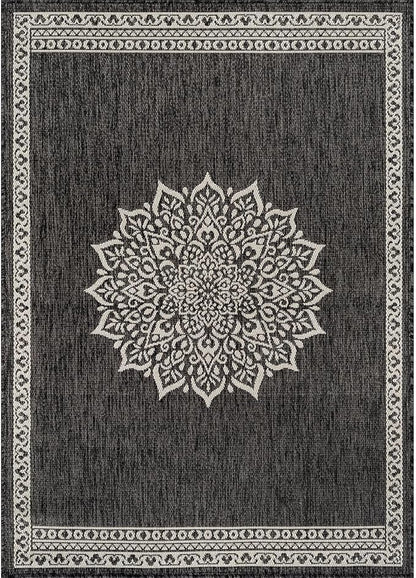 CAMILSON Outdoor Rug 6x9 Medallion Darkgray Modern Area Rugs for Indoor and Outdoor Patios Kitchen and Hallway Mats Washable Porch Deck Outside Carpet (Medallion Darkgray 6 x 9)