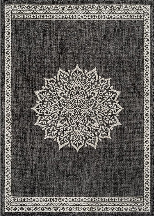 CAMILSON Outdoor Rug 6x9 Medallion Darkgray Modern Area Rugs for Indoor and Outdoor Patios Kitchen and Hallway Mats Washable Porch Deck Outside Carpet (Medallion Darkgray 6 x 9)