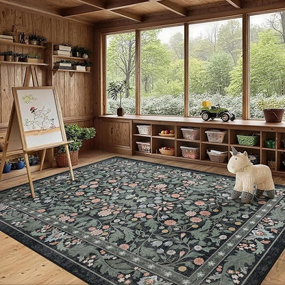Dark Green Floral 8x10 Area Rugs for Living Room Large Washable Rug Vintage Forest Low Pile Non Slip Stain Resistance Soft Carpet for Dining Room, Bedroom, Kids Room, Nursery Room, Playroom