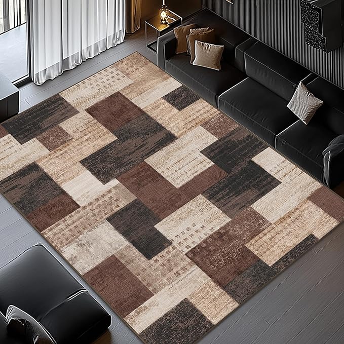 Modern Geometric Patchwork Indoor Area Rug for Living Room, Chocolate 4'x 6' Large Rug Rockwood Collection Hardwood Floors Decor for Bedroom, Brown Throw Carpet for Office Entryway Dining Room