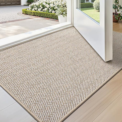 LUMI Ultra Thin Indoor Door Mat for Entrance 17"x30", Non Slip Entryway Mat, Low Profile Doormat, Unique Herringbone Design Carpet for Inside, Patio, Porch, Beige