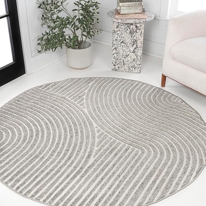 JONATHAN Y Hallie High-Low Curve Gray/Ivory 7' Round Indoor/Outdoor Area Rug, Minimalist, Pet Friendly, Non-Shedding, Stain Resistant, Hose-Washable for Backyard, Patio, Porch (SCN100A-7R)