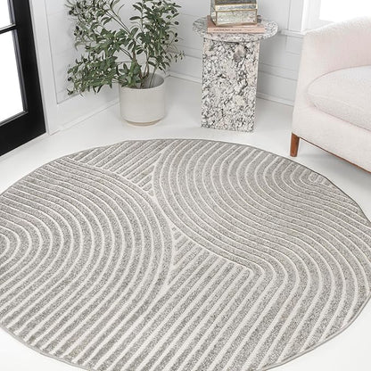 JONATHAN Y Hallie High-Low Curve Gray/Ivory 8' Round Indoor/Outdoor Area Rug, Minimalist, Pet Friendly, Non-Shedding, Stain Resistant, Hose-Washable for Backyard, Patio, Porch (SCN100A-8R)