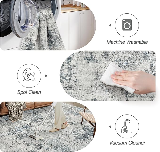 6x9 Abstract Area Rugs for Living Room 6 x 9 Washable Non Slip Low Pile Gray Rugs for Bedroom Dining Room Foldable Thin Gray Blue