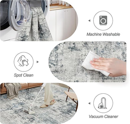 6x9 Abstract Area Rugs for Living Room 6 x 9 Washable Non Slip Low Pile Gray Rugs for Bedroom Dining Room Foldable Thin Gray Blue