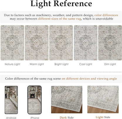 5x7 Washable Vintage Area Rug for Living Room Bedroom Soft Tranditional Non Slip Large Throw Rug Lightweight Floral Low Pile Distressed Carpet Laundry Dining Room Kitchen Office