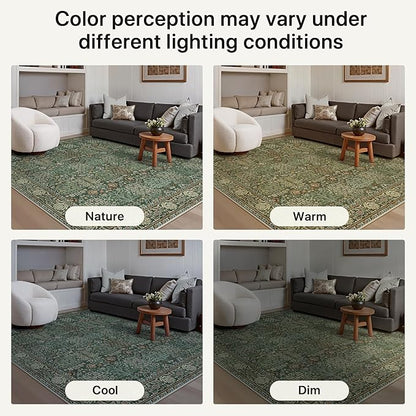 Bavni Washable Rugs 8x10-Machine Washable Rug Lightweight Low Pile, Vintage Floral Rug Non-Shedding Distressed Throw Carpet for Living Room Bedroom Office, Forest Green