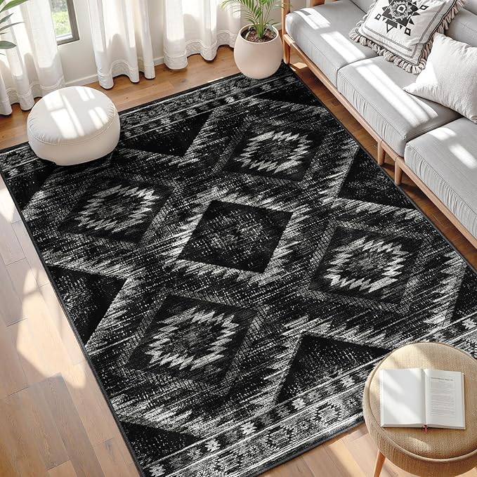 Area Rug 3x4 Rug Machine Washable Non-Slip Low Pile Print Pattern Western Rug for Living Room Bedroom Entryway Tribal Series-Black
