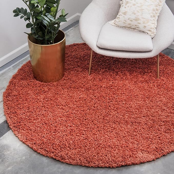 Unique Loom Solid Shag Collection Area Rug (4' 1" Round, Terracotta)