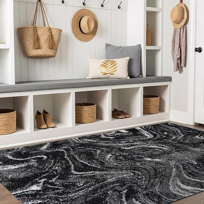 Rugshop Abstract Marble Shag Area Rug Anthracite Dark Gray 4' x 6' Ideal for Small Living Rooms, Offices, or Beside The Bed