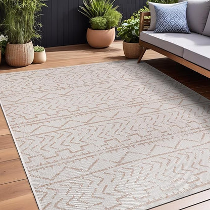 Beverly Rug Waikiki Indoor Outdoor Rug 5x7, Washable Outside Carpet for Patio, Deck, Porch, Trellis Area Rug, Water Resistant, Beige - White