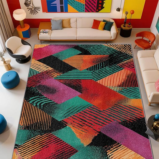 Abstract Rug - 4x6 Rug, Colorful Geometric Patchwork Area Rugs, Retro Aesthetic Low Pile Stain Resistant Floor Carpets House Decor #C031