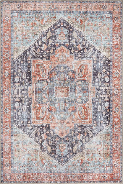 Bloom Rugs Washable Non-Slip 5' x 7' Rug - Terracotta/Blue Traditional Medallion Area Rug for Living Room, Bedroom, Dining Room, and Kitchen - Exact Size: 5' x 7'
