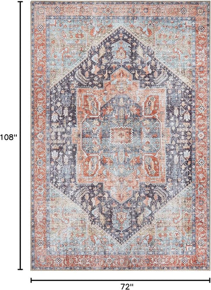 Bloom Rugs Washable Non-Slip 6' x 9' Rug - Terracotta/Blue Traditional Medallion Area Rug for Living Room, Bedroom, Dining Room, and Kitchen - Exact Size: 6' x 9'