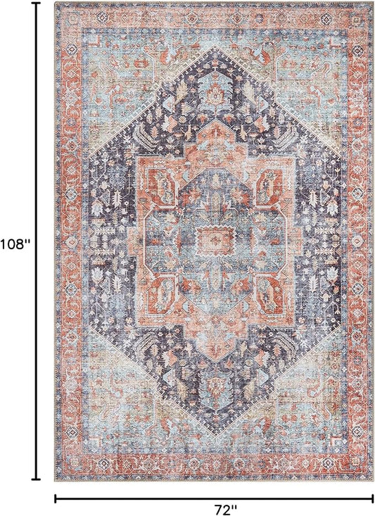 Bloom Rugs Washable Non-Slip 6' x 9' Rug - Terracotta/Blue Traditional Medallion Area Rug for Living Room, Bedroom, Dining Room, and Kitchen - Exact Size: 6' x 9'