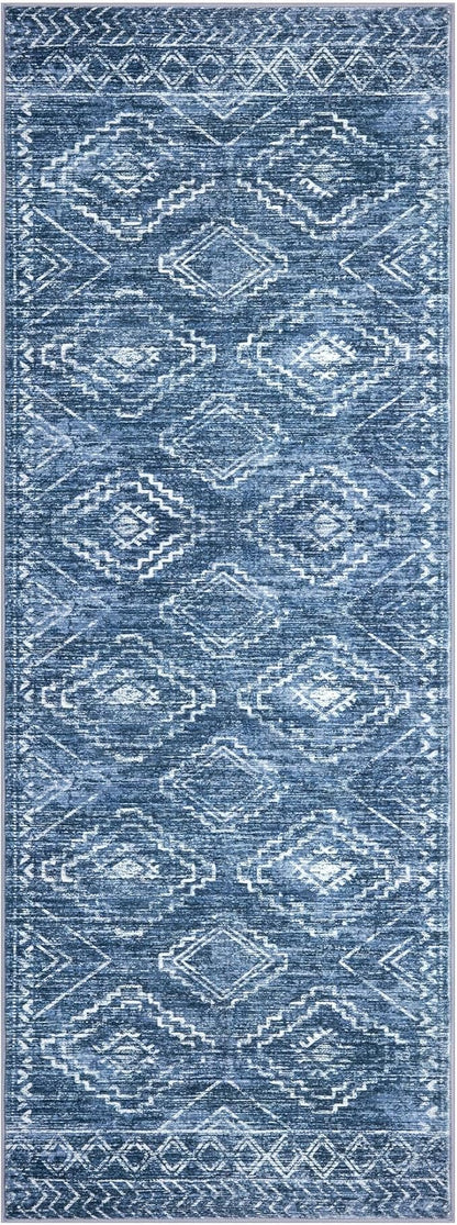 KILOCOCO Hallway Runner Rug 3x8 Runners for Hallways Washable Runner Rug Non Slip Rubber Backed Low-Pile Runners for Bedroom Kitchen Living Room Laundry Room Boho Rugs, Stonewashed Blue