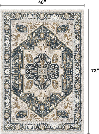 EnHomee 4x6 Washable Area Rugs for Bedroom, Boho Vintage Rugs, Foldable Area Rug for Dining Room, Non-Slip Soft Living Room Rug, Low Pile Large Carpet for Bathroom, Blue and Brown
